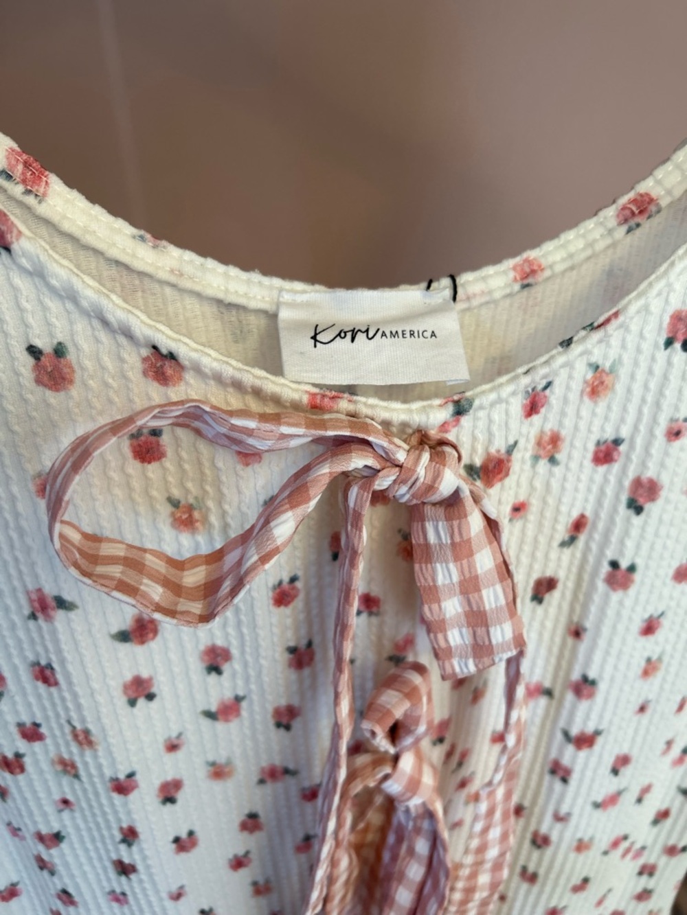 Kori White Mini Dress with Pink Floral Print and Gingham bows - Picture 6 of 10